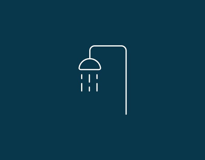 Symbole de douche avec pommeau et jets d’eau représentés par des lignes blanches sur fond bleu foncé