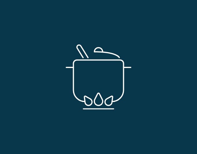 Icône représentant une casserole sur une flamme, symbole de cuisine ou de cuisson