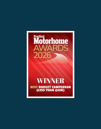 Award graphic "Practical Motorhome Awards 2026" with the text "Winner Best Budget Campervan (less than £65k)"