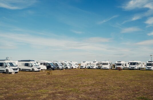Plusieurs camping-cars et vans aménagés garés sur un emplacement ouvert sous un ciel bleu
