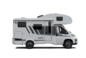 White Carado motorhome with overcab sleeping area, side view isolated on a black background