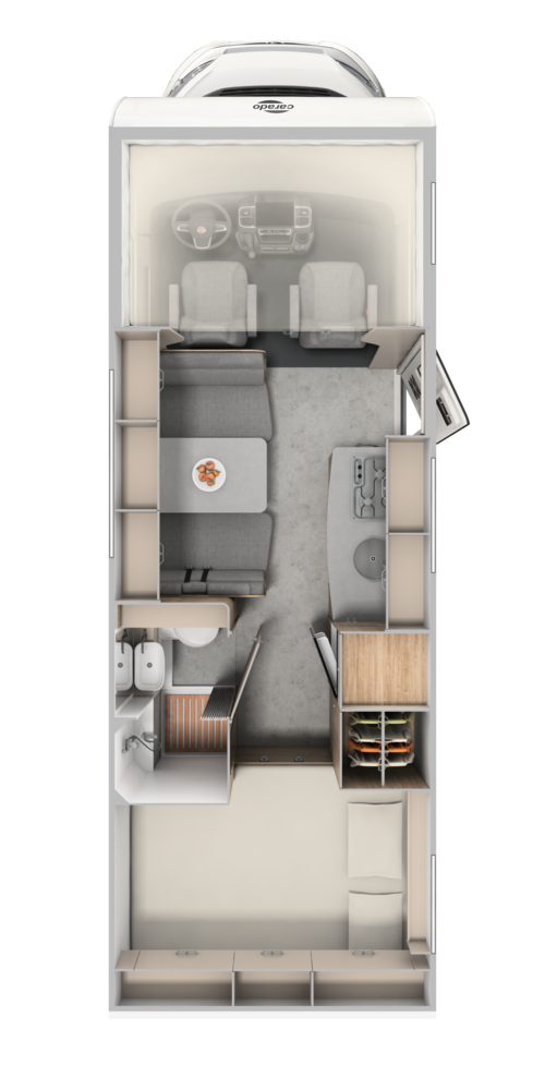 Carado motorhome layout with rear bed, bathroom, dinette and kitchen seen from above