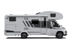 Carado motorhome with overcab, side view in white with entry door and side windows