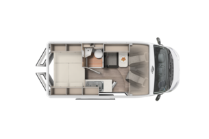Carado motorhome floor plan with rear bed, bathroom, kitchen and dinette, top view