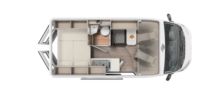 Grundriss Carado Wohnmobil mit Heckbett, Bad, Küchenzeile und Sitzgruppe in Draufsicht