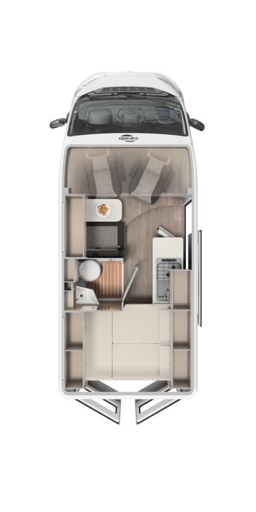 Plan d’aménagement du camping-car Carado avec lit arrière, salle de bains, kitchenette et coin salon vue de dessus