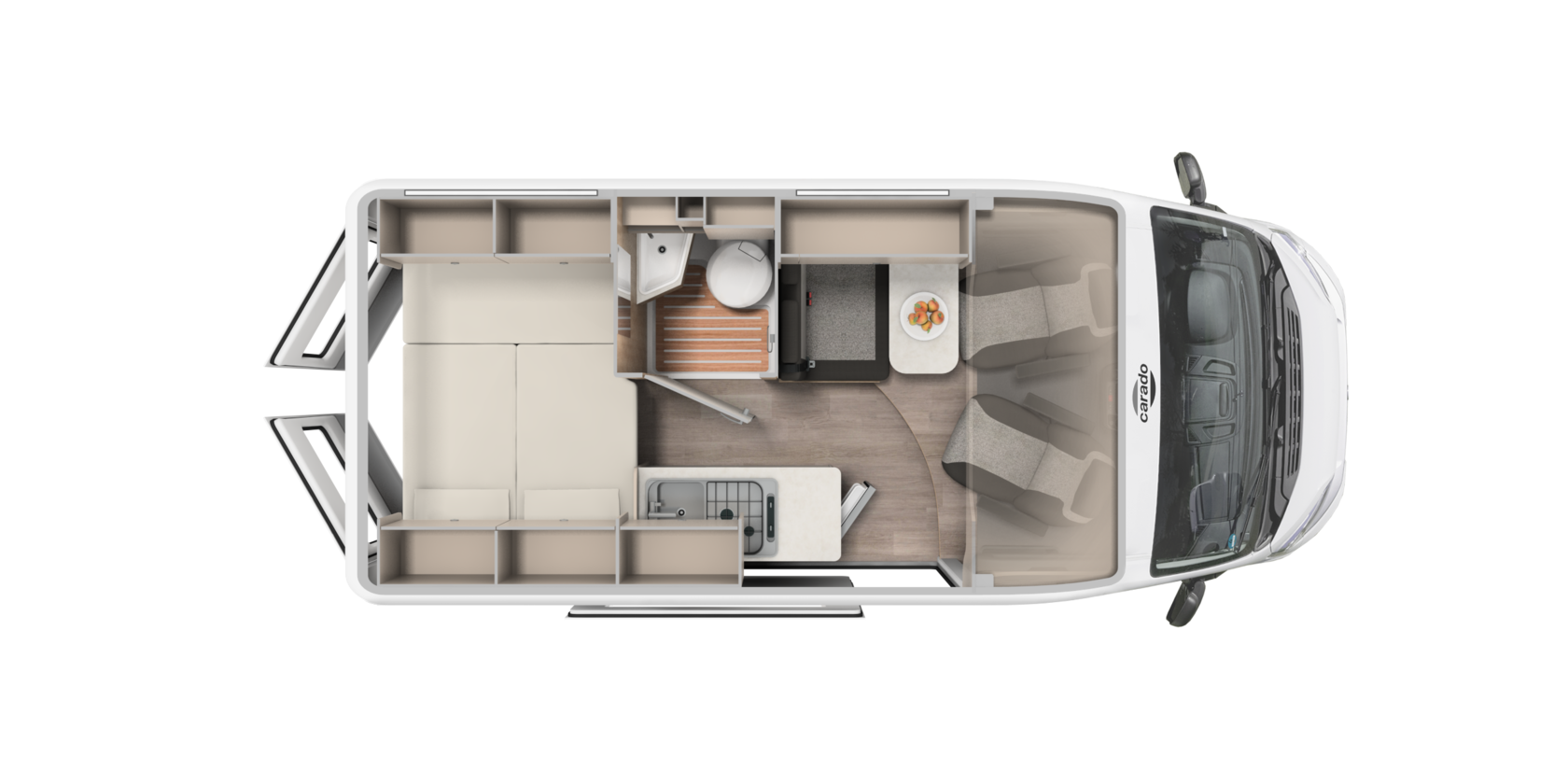 Plan d’aménagement du camping-car Carado avec lit arrière, salle de bains, kitchenette et coin salon vue de dessus