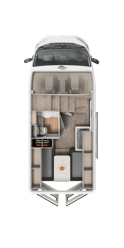 Top view of a Carado motorhome floor plan with lounge, kitchen, bathroom and rear bed