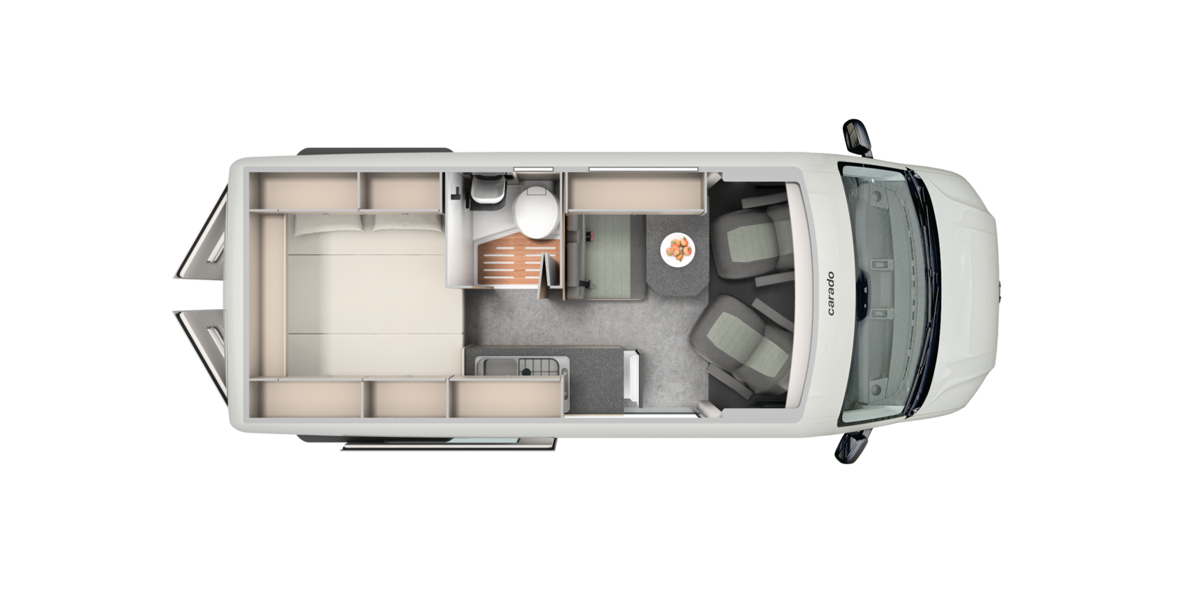 Floor plan of a Carado motorhome with rear bed, bathroom, seating area and kitchenette, viewed from above