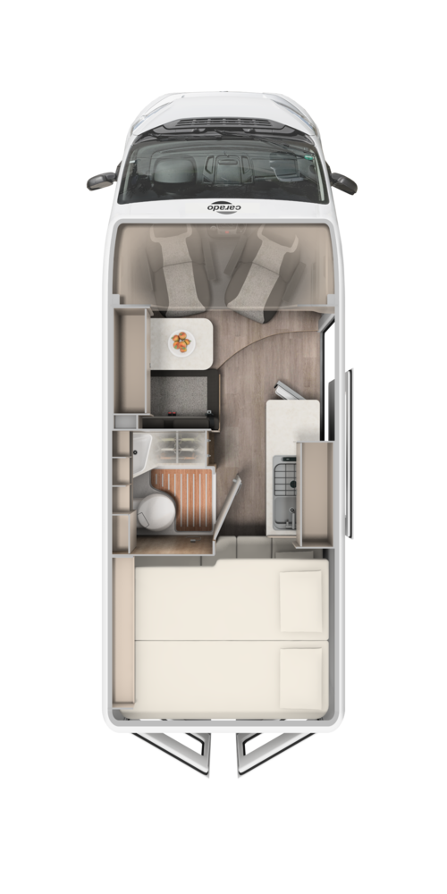 Carado motorhome layout from a bird’s-eye view, featuring a double bed, bathroom, kitchen and dinette
