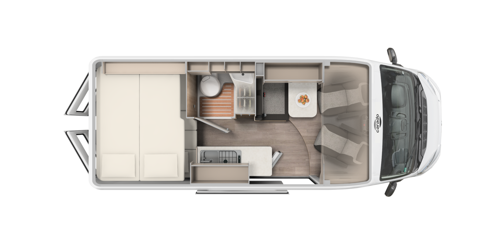 Carado motorhome layout from a bird’s-eye view, featuring a double bed, bathroom, kitchen and dinette
