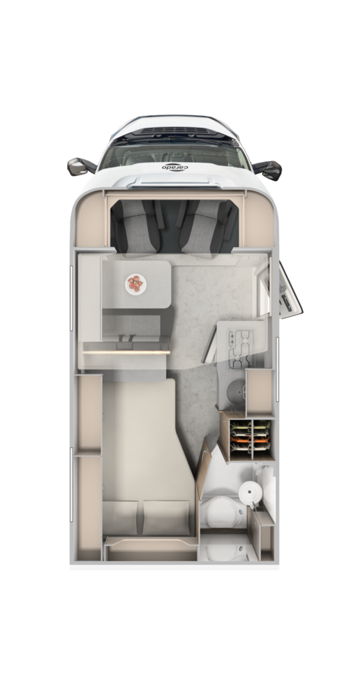 Top view of a Carado motorhome floor plan with rear bed, dinette, kitchen and bathroom