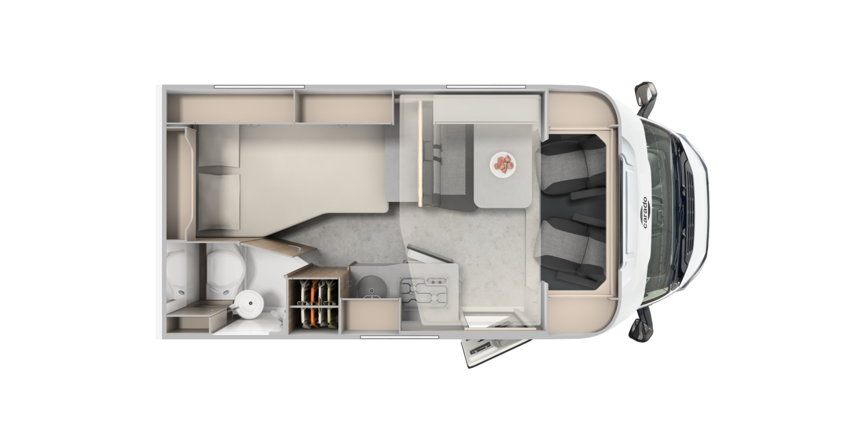 Top view of a Carado motorhome floor plan with rear bed, dinette, kitchen and bathroom
