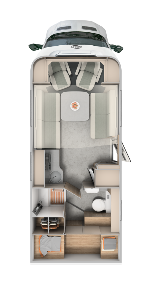 Plan de Carado camping-car avec lit arrière, salle de bain, cuisine et coin salon