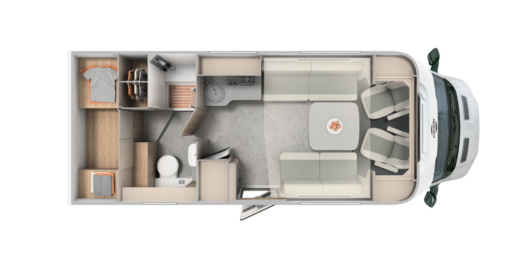 Plan de Carado camping-car avec lit arrière, salle de bain, cuisine et coin salon