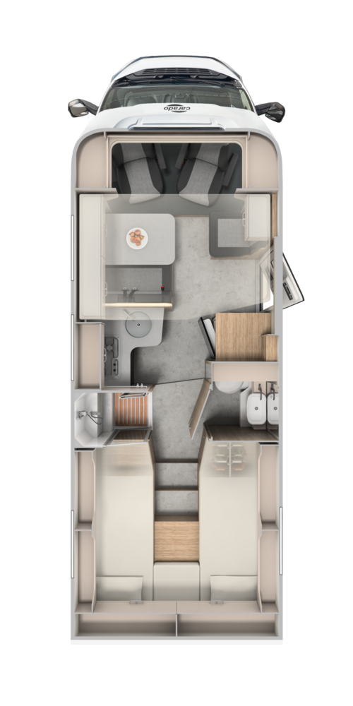 Carado motorhome floor plan with twin beds, lounge area, kitchen and bathroom in top view