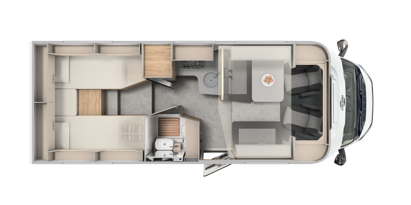 Plan d’aménagement Carado avec lits jumeaux à l’arrière, coin salon, cuisine et salle de bain, vue de dessus