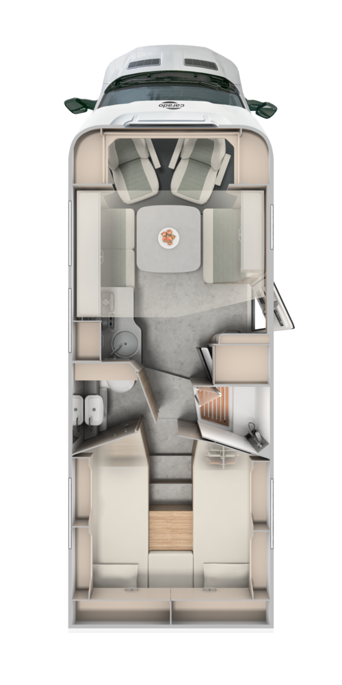 Plan de la capucine Carado avec lits jumeaux, coin salon, cuisine et salle de bain vu de dessus