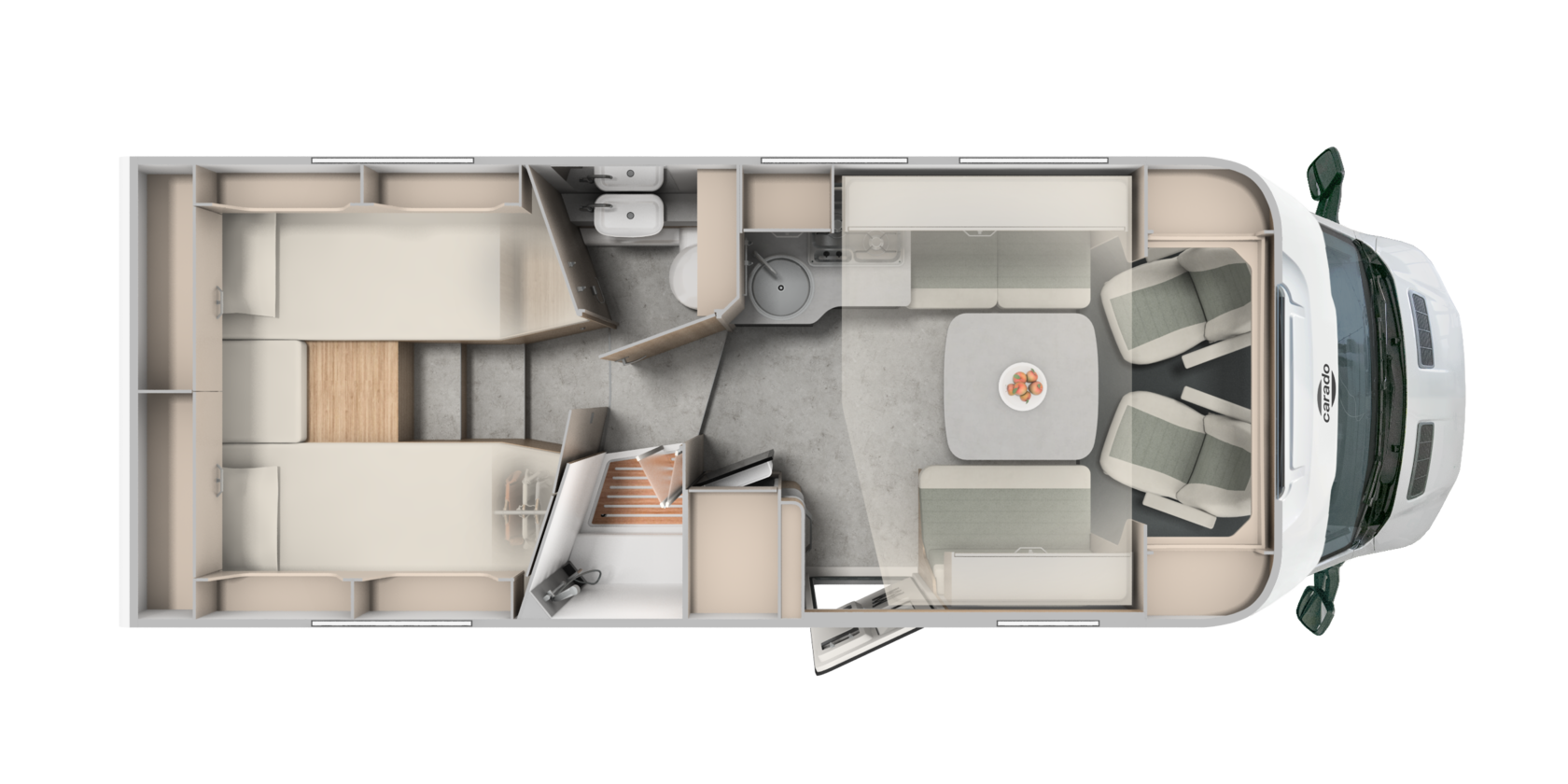 Plan de la capucine Carado avec lits jumeaux, coin salon, cuisine et salle de bain vu de dessus