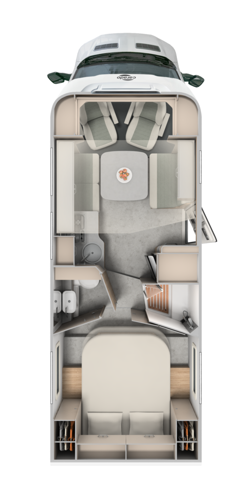 Plan d’aménagement du camping-car Carado avec lit queen-size, salle de bain, cuisine et coin salon vu du dessus