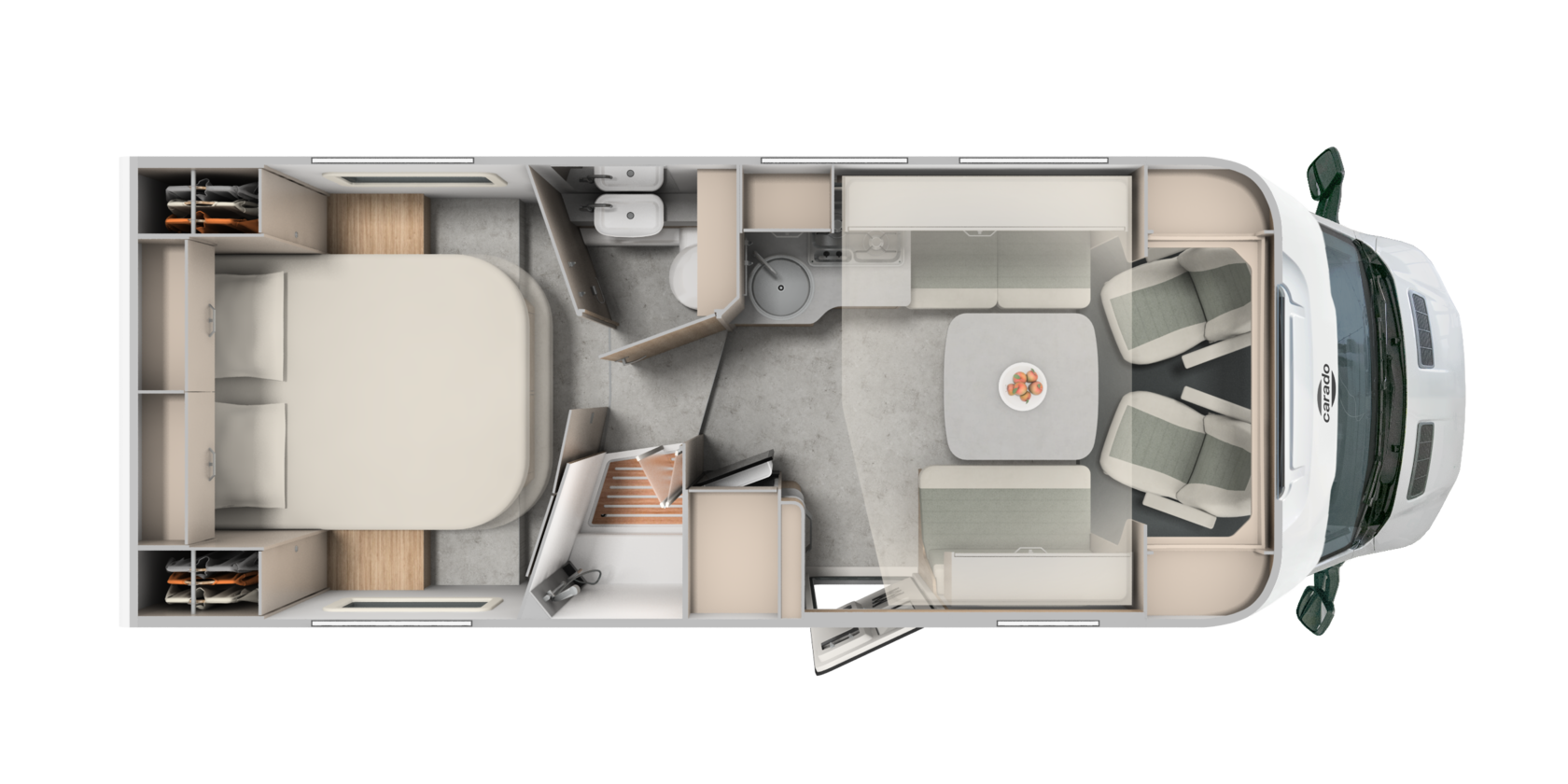 Plan d’aménagement du camping-car Carado avec lit queen-size, salle de bain, cuisine et coin salon vu du dessus