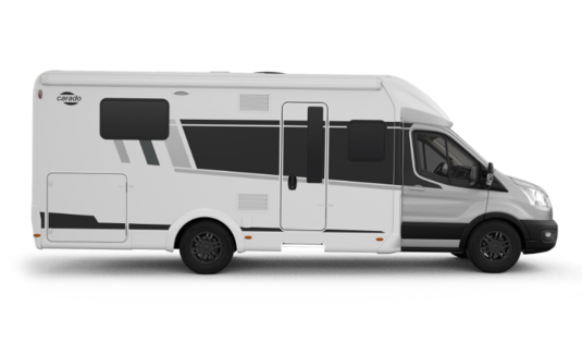 Camping-car Carado en vue de côté, véhicule profilé blanc et gris détouré