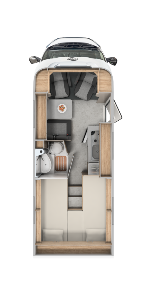 Plan d’aménagement du camping-car Carado avec deux lits simples, salle de bain, cuisine et salon