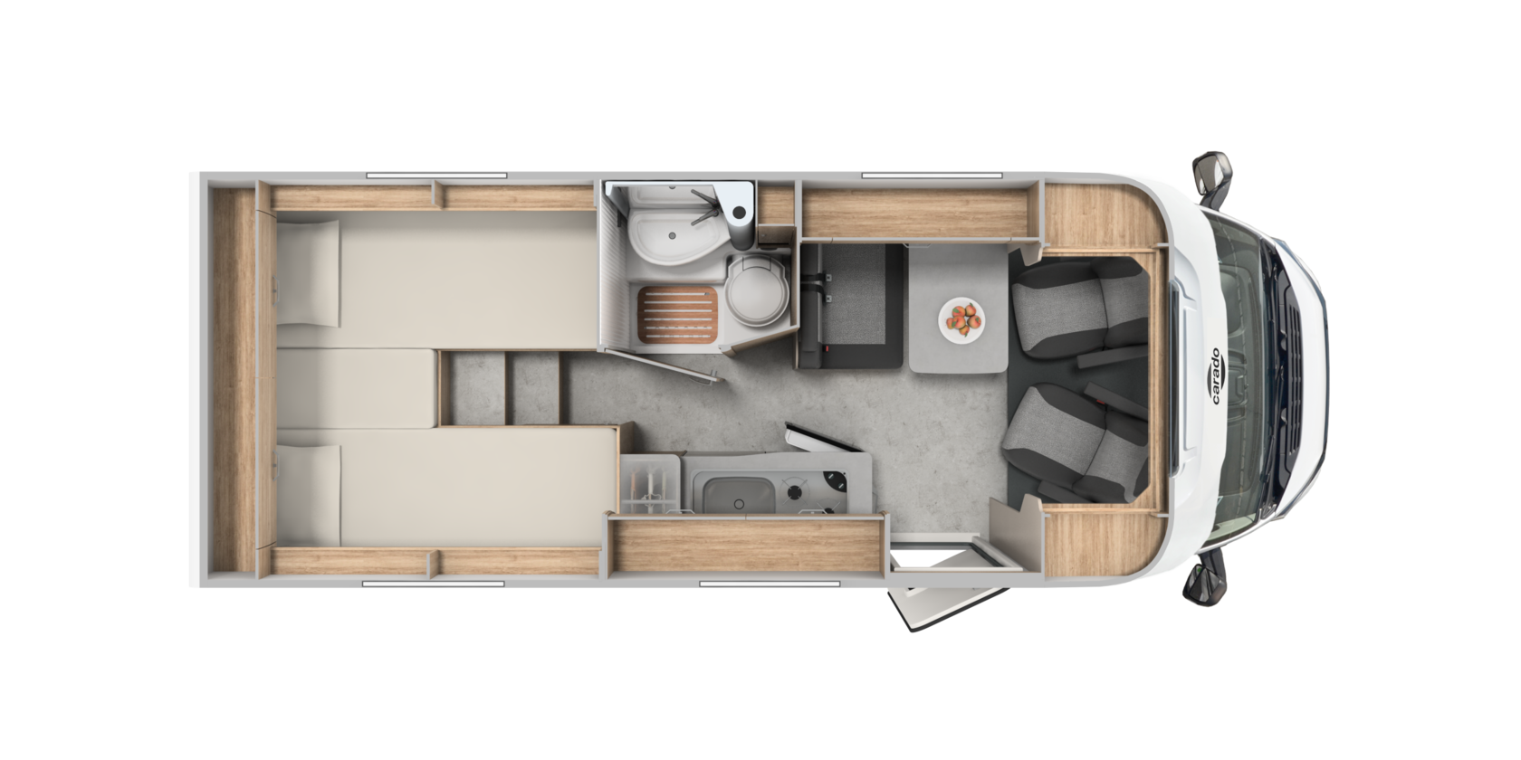 Plan d’aménagement du camping-car Carado avec deux lits simples, salle de bain, cuisine et salon