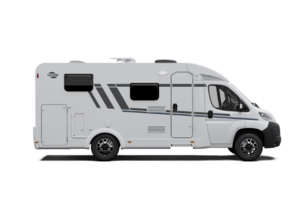Carado motorhome, side view of a white semi-integrated motorhome