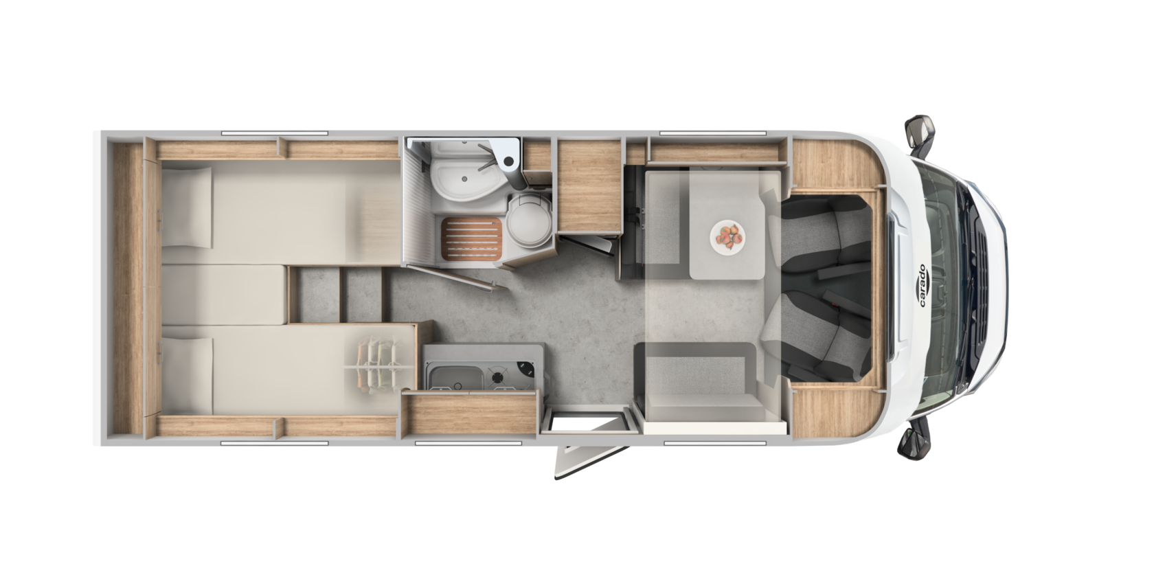Carado motorhome floor plan with single beds, bathroom, kitchen and dinette from above
