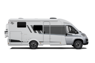 Carado motorhome in side view, white semi-integrated vehicle with door, windows and awning, isolated on a white background