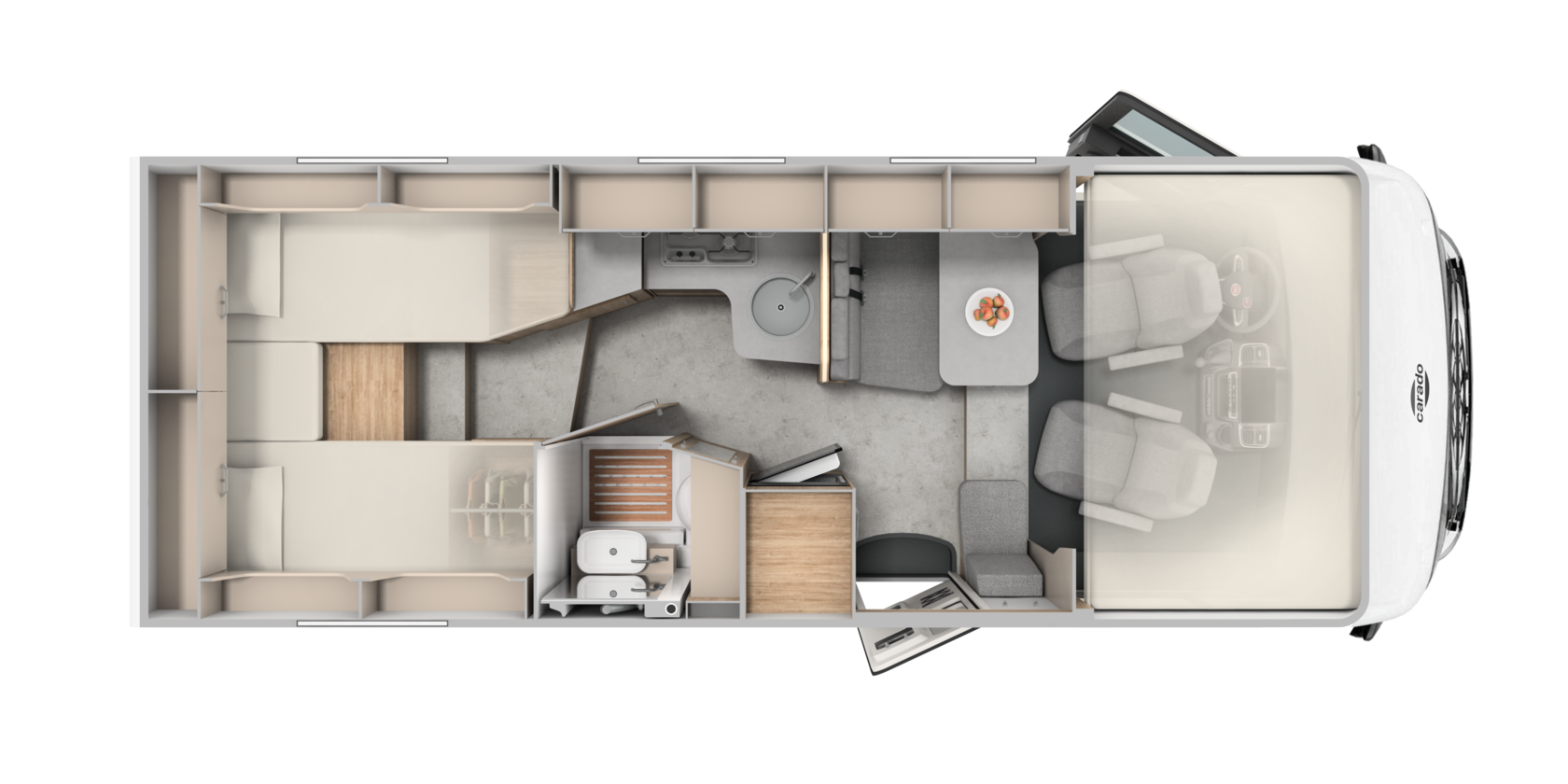 Carado motorhome floor plan with single beds, dinette, kitchen and bathroom in top view