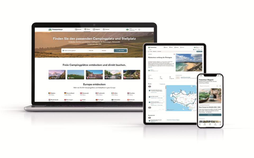 Laptop, tablet, and smartphone with the Freeontour platform, enabling campsite search, route planning, and digital membership cards.