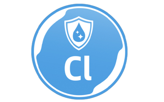 Blå-vitt symbol med droppar och text representerar borttagning av klor och lukt med HYMER clearliQ travel vattenfilter i husbilen.